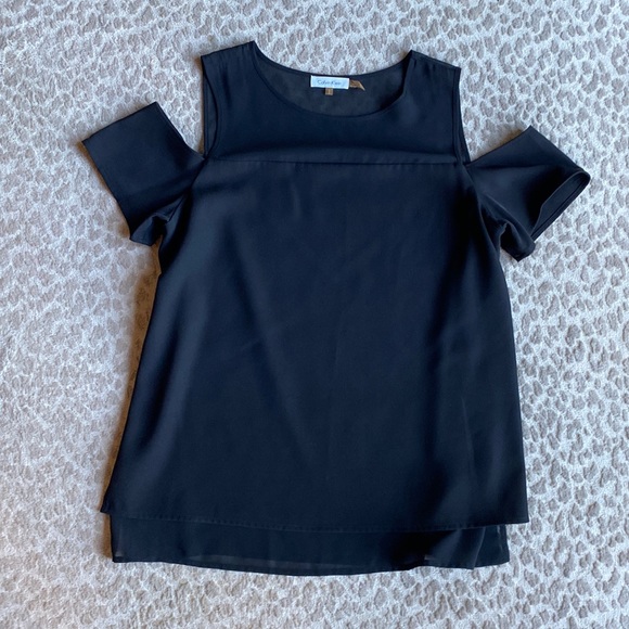 Calvin Klein Black Cold Shoulder Blouse with Sheer Detail, size L - Picture 1 of 5